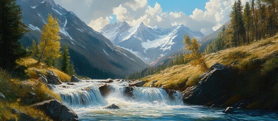 Poster - Majestic mountain landscape with snow-capped peaks, a flowing river in the foreground, vibrant greens and blues, under a bright blue sky with clouds.