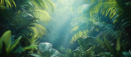 Aufkleber - Vibrant lush tropical foliage with palm frond silhouettes under soft light creating a serene atmosphere in shades of green and blue.
