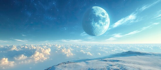 Poster - Serene moon glowing in a bright blue sky above fluffy white clouds and a distant snowy landscape capturing the beauty of a nighttime landscape.