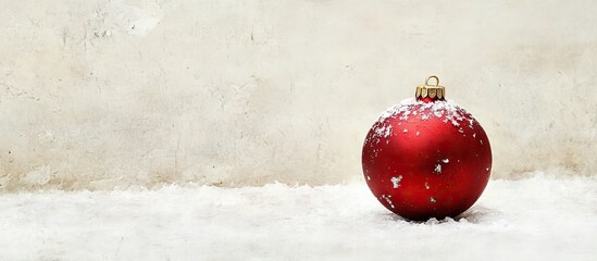 Wall Mural - Red Christmas ornament positioned slightly right on a rustic white background with soft snowflakes enhancing the festive holiday atmosphere