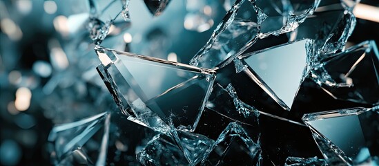 Fototapete - Close up of shattered glass fragments displaying reflective surfaces with blue and grey tones highlighting intricate shapes and textures of broken gems
