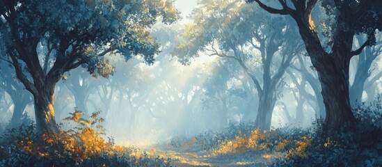 Poster - Misty forest scene with towering trees and soft blue fog creating a tranquil atmosphere, golden leaves subtly illuminated by gentle light.