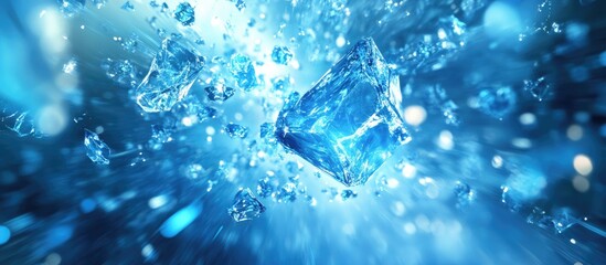 Aufkleber - Blue abstract background featuring sparkling ice cubes and dynamic light rays emanating from the center creating a vibrant visual effect.