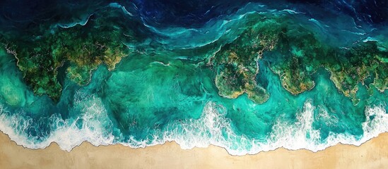 Aufkleber - Aerial view of vibrant turquoise ocean waves crashing onto a sandy beach, with deep blue waters enhancing the serene coastal vibe.
