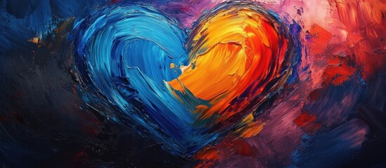 Aufkleber - Vibrant heart shape blending blue and orange brush strokes against a dark background creating an expressive abstract oil art composition