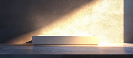 Fototapete - Minimalist 3D white podium positioned center stage with soft warm light casting shadows on a textured gray wall creating an elegant presentation backdrop