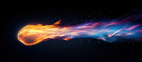 Fototapete - Colorful comet motion with fiery orange and blue streaks against a dark background, showcasing dynamic movement and ethereal sparks.