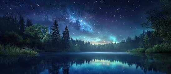 Aufkleber - Vibrant aurora borealis illuminates a tranquil lake under a starry night sky with deep blues and greens reflecting lush trees on the shore.