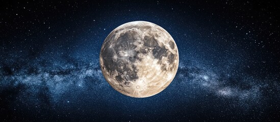 Aufkleber - Full moon glowing against a deep dark blue background surrounded by stars highlighting the moon's intricate surface details and celestial beauty