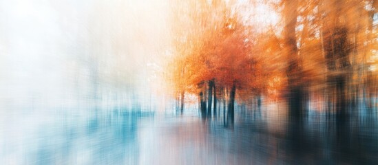 Poster - Autumn park scene with blurred vibrant orange and yellow foliage, softly illuminated by morning light, creating a tranquil seasonal atmosphere.