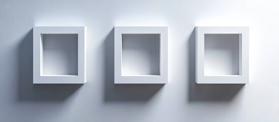 Leinwandbilder - Three white three-dimensional squares arranged in a row against a light gray background casting soft shadows enhancing modern design aesthetics