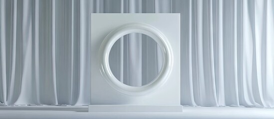 Fototapete - Minimalist 3D geometric display featuring a white circular frame centered within a tall white backdrop of soft flowing drapes in bright lighting.