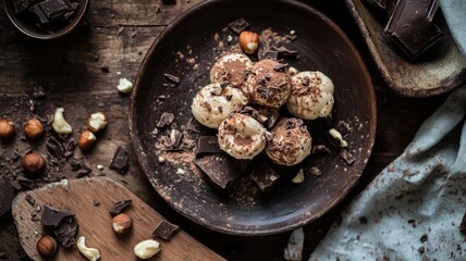 Sticker - Delicious homemade chocolate truffles with nuts on rustic table