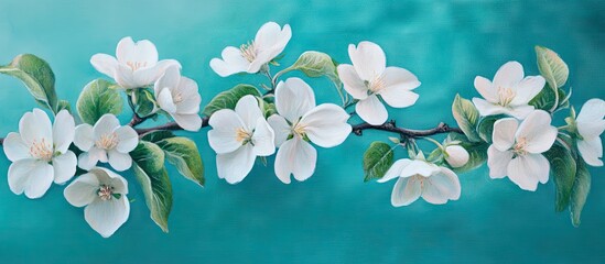Aufkleber - Delicate white cherry blossom branch against a soft turquoise backdrop with gentle green leaves, creating a serene springtime atmosphere.