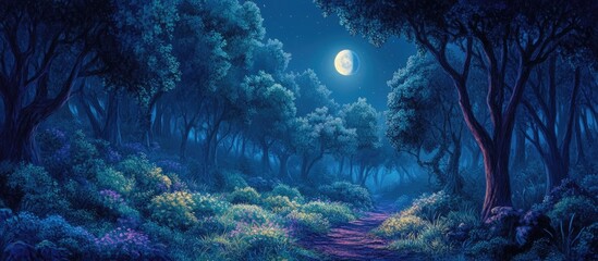 Poster - Serene night forest bathed in moonlight with blue hues illuminating lush trees and shadows creating an enchanting tranquil atmosphere.