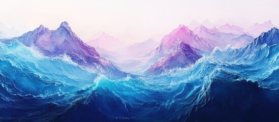 Aufkleber - Vibrant ocean waves in shades of blue and purple with distant mountains under a soft pastel sky creating a serene and tranquil landscape.