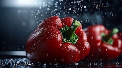 Wall Mural - Two Red Bell Peppers with Water Droplets on White Background