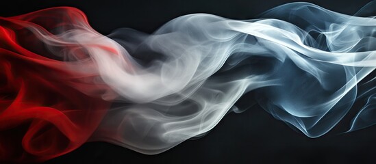 Fototapete - Dynamic smoke swirling in red, white, and blue on a dark background, creating an artistic representation of a waving flag with fluid movement.