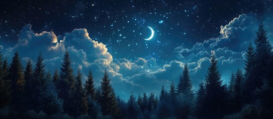 Poster - Enchanting night sky featuring a crescent moon and twinkling stars above dark green fir trees with illuminated clouds in a serene blue ambiance