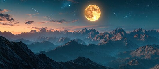 Poster - Majestic mountains under a luminous full moon casting a serene glow in the twilight sky with soft blue and orange hues creating a magical ambiance.