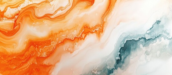 Leinwandbilder - Abstract fluid art showcasing vibrant orange swirls blending into soft teal and white hues, creating a dynamic and harmonious composition.