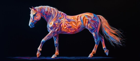 Fototapete - Vibrant abstract horse artwork in dynamic orange and purple hues against a black background showcasing intricate details and reflective texture.