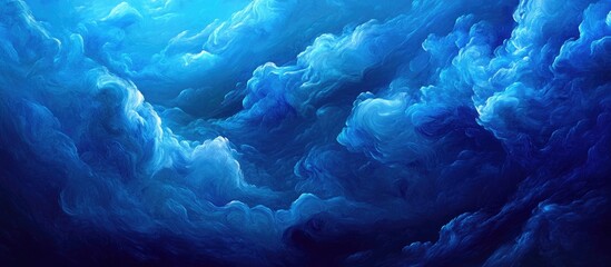 Poster - Abstract composition of vibrant royal blue ink clouds swirling gracefully in mid-air, highlighting fluidity and dynamic movement against a soft gradient backdrop.