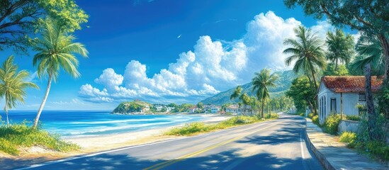 Aufkleber - Scenic two-lane highway alongside a vibrant blue ocean with white clouds and palm trees under a sunny sky creating a picturesque beach view.