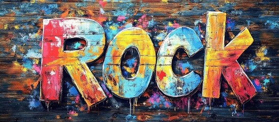Aufkleber - Vibrant multicolored wooden letters spelling ROCK against a textured dark wooden background exemplifying creativity and positive energy in art