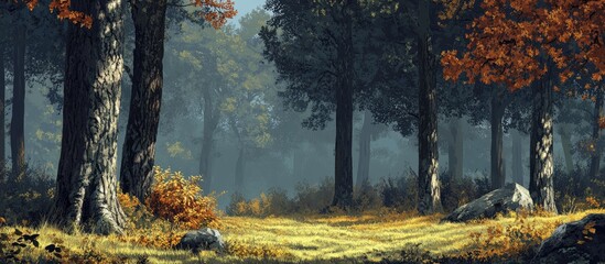 Aufkleber - Tranquil autumn forest scene showcasing dark green trees with vibrant orange oak leaves and golden grass under soft sunlight in a serene environment