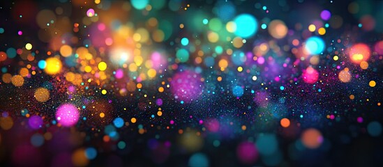 Poster - Colorful abstract background with vibrant blue, pink, and yellow spots scattered across a dark base, creating a dynamic and energetic display.