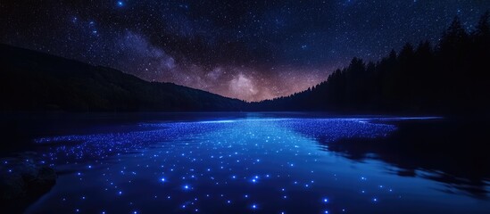 Poster - Vibrant blue LED lights reflecting on a calm lake under a dark night sky with a starry backdrop and silhouette of distant mountains