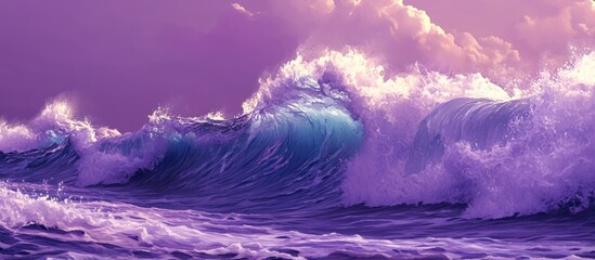 Poster - Vivid purple waves in dynamic motion with white foam cresting against a soft lavender background creating a serene and fluid ocean scene
