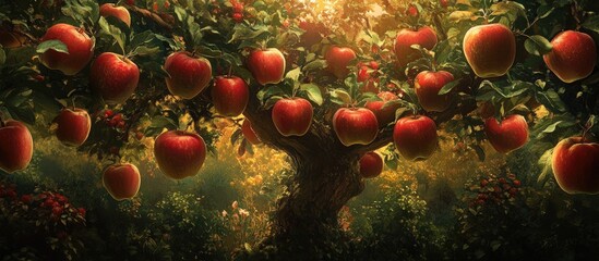 Fototapete - Vibrant red apples hang from lush green branches in a sunlit garden, surrounded by a warm golden glow enhancing the natural abundance.