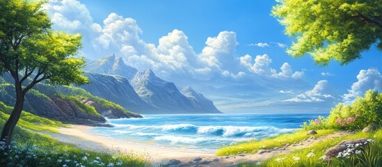 Aufkleber - Nature landscape showcasing a serene beach with gentle waves on the right, vibrant green trees in foreground, majestic mountains under a blue sky.