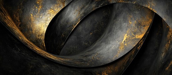 Fototapete - Abstract dark background showcasing intertwining textures of black, gold, and grey creating a striking and elegant visual depth and sophistication.