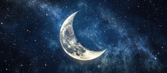 Aufkleber - Crescent moon glowing against a deep blue starry night sky with swirling galaxies creating a mystical atmosphere in the background.
