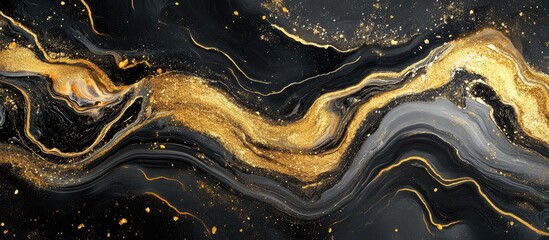 Fototapete - Elegant black and gold abstract background with flowing patterns and shimmering gold flecks creating a luxurious classic art ambiance