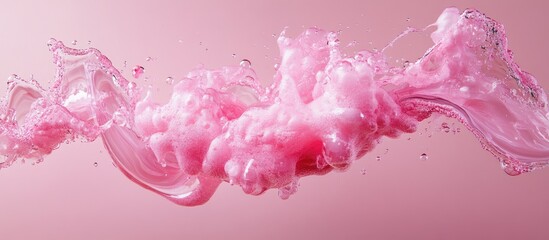 Poster - Dynamic pink liquid splash against a soft pink background, creating a smooth flow with bubbles and intricate textures, conveying elegance and fluidity.