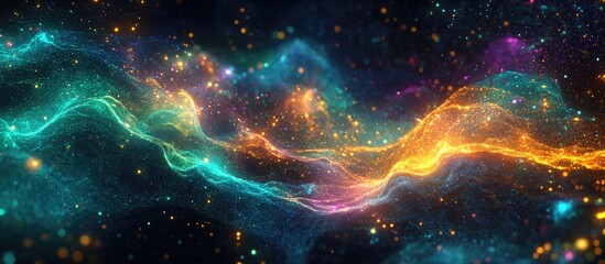 Poster - Colorful vibrant digital abstract wave with glowing teal, orange, and purple particles flowing in a dark background illustrating technology concepts