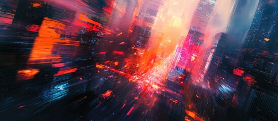 Aufkleber - Dynamic abstract enemy banner with vibrant orange, red, and blue hues showcasing a blurred city skyline in wide format, creating an immersive atmosphere.