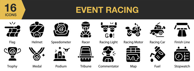 Wall Mural - Event Racing solid icon set. Includes start, marathon, track, championship, winner, and More. Solid icons vector collection.