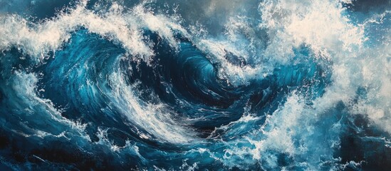 Poster - Aerial view of turbulent blue ocean waves with white frothy crests showcasing the dynamic power of nature in dramatic swirling patterns.