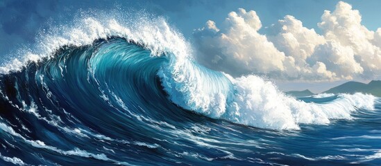 Aufkleber - Aerial view of a vibrant blue ocean wave crashing with white foam against a backdrop of fluffy clouds and distant mountains under a sunny sky