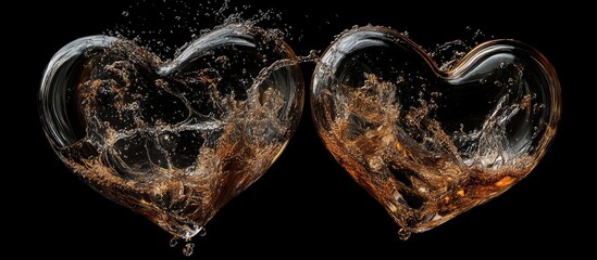 Poster - Heart-shaped glass forms with intricate water flow splash and merge against a black background, showcasing delicate designs and rich textures.
