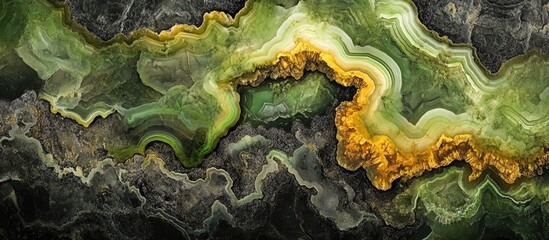 Fototapete - Abstract agate stone texture with intricate details in vivid greens and blacks with golden highlights, showcasing painted grunge style design.