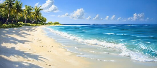 Aufkleber - Serene tropical beach with golden sand and clear blue waters under a bright sky fluffy white clouds provide a calming atmosphere for relaxation
