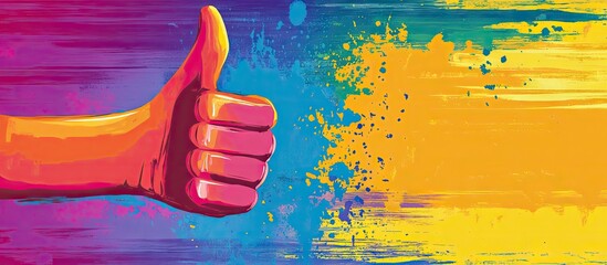 Aufkleber - Colorful abstract background with a vibrant pink thumbs-up hand on the left, against a bright yellow paint splash on the right, ideal for positivity themes.