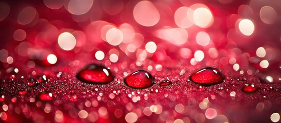 Fototapete - Macro shot of vibrant red surface with glistening dew droplets in sharp focus, soft bokeh in shades of pink and white creating a dreamy effect.