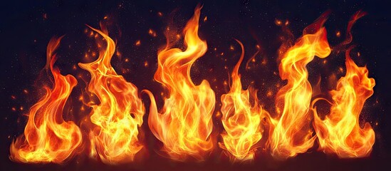 Fototapete - Dynamic array of vibrant orange and yellow flames in various shapes against a deep black background capturing movement and intensity of fire.